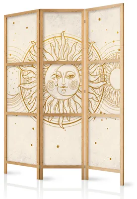 Immagine prodotto di Pannello divisorio giapponese, 3 ante, pieghevole, realizzato in tessuto non tessuto di alta qualità, motivo "Sole e Lune", ideale per l'ufficio, dimensioni 135 cm x 172 cm