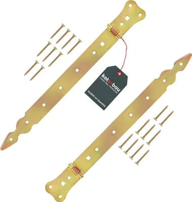 Produktbild von KOTARBAU® 2er Set Ladenband 350 mm Türband Torscharnier Werfgehänge Kreuzgehänge Türscharnier Scharnier Gold Verzinkt Rostfrei Gartentorband Baubeschlag Robust