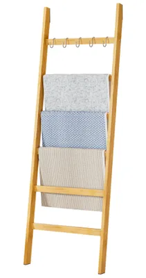 Produktbild von YORBAY Handtuchleiter Handtuchhalter Bambus 5 Haken und 2 Sicherheitsgurten, 60x170 cm, für Bad, Wohnzimmer