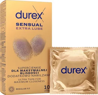 A box of Durex Sensual condoms and one individual condom packet.