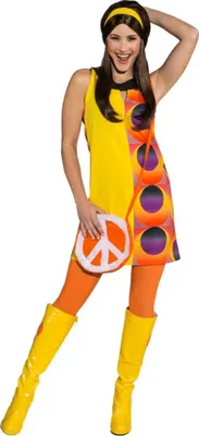 70er Jahre Kostüm Retro Disco Kleid für Damen Gr. 36-44 Kleid gelb Flower Power Hippie Fasching Karneval Mottoparty Paarkostüm