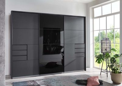Barcelona Schwebetürenschrank mit 6 Schubkästen Graphit / Schwarz, Passepartout (Rahmen):ohne Passepartout