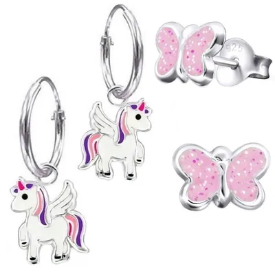 Ohrringe für kleine Mädchen Schmetterling Einhorn Duo

