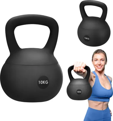 A collage of images showing a black kettlebell from different angles, including a woman holding one.