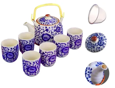 Teeset aus Porzellan, 1 Kanne + 6 Tassen, 900 ml, Blumenmuster