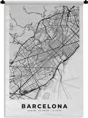 Produktbild von MuchoWow® Wandteppich Wandbehang Barcelona - Stadtplan - Karte - Schwarz und weiß 60x90 cm Tapisserie Dekoration Wandtuch - Foto-Teppich - Abwaschbar