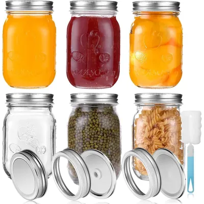 Immagine prodotto di Set di 6 vasetti da 450 ml in vetro trasparente, con 3 tipi di coperchi, ideali per la preparazione dei pasti e la conservazione degli alimenti
