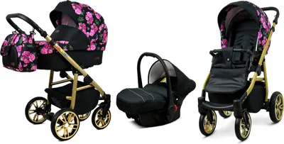 Produktbild von BabyLux® Color Lux | 3in1 Kinderwagen Bambimo | Bouquets Peony On Black | Kombikinderwagen | Kinderw