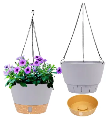 Produktbild von 2 Stück 20 cm Hängende Blumenampel für Innen und Außen, Hängetopf mit Drainageloch für Pflanzen, 3-Haken-Blumentöpfe zum Aufhängen, Hängepflanzen Topf für Garten und Haus (Hellgrau)