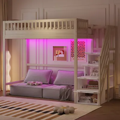 Obrázek produktu pro Postel do výšky 140x200 cm, s LED osvětlením, se stolem, s úložným prostorem, s vestavěným schodištěm, s žebříkem, bílá