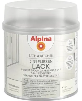 Produktbild von Alpina Bad & Küche 3 in 1 Fliesenlack seidenmatt - für Wand-, Bodenfliesen und Sanitärobjekte - Baumwollweiß 500 ml
