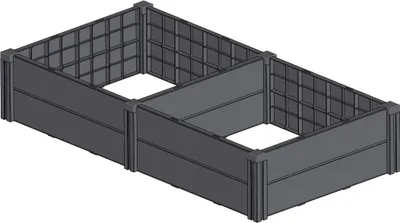 A 3D rendering of a modular raised garden bed, divided into two sections.