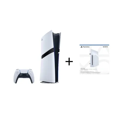 A Playstation 5 console, controller, and an accessory box are displayed on a white background.