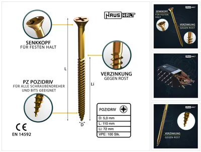Produktbild von HausHalt Universal Holzbauschraube Holzschraube 5,0 x 110 mm PZ2 100 Stk. ( 000051371184 ) gelb verzinkt Kreuzschlitz Pozidriv Senkkopf Teilgewinde