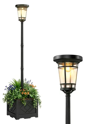 Productafbeelding van Outsunny zonne-energie lantaarn met bloempot, 195 cm, buitenverlichting voor tuin