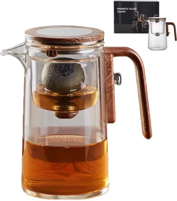 Obrázek produktu pro Skleněná konvice na čaj 800 ml s dřevěnou rukojetí - Konvice s filtrem a víkem
