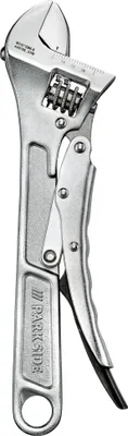 A close-up studio shot of a silver adjustable wrench.