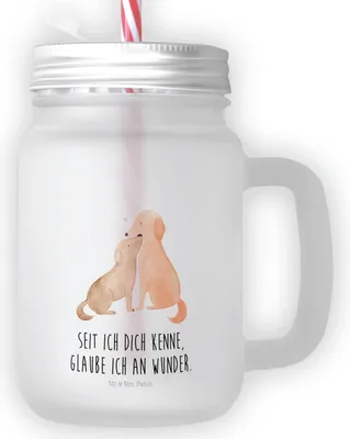 Produktbild von Mr. & Mrs. Panda Glas Hunde Liebe - Transparent - Geschenk, Kuss, Sprüche, Herz, Hund, Mason Jar, Mit Schraubdeckel, Optimitisch, Deckel Und Strohhalm, Cocktailglas