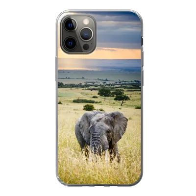 Produktbild von MuchoWow® Handyhülle Schutzhülle Hülle für iPhone 12 Pro Elefant - Tiere - Landschaft - Sonne - Natur Silikon Softcase Handy Hülle - Abdeckung