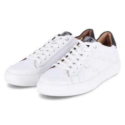 A pair of white leather sneakers with black accents is shown against a white background.