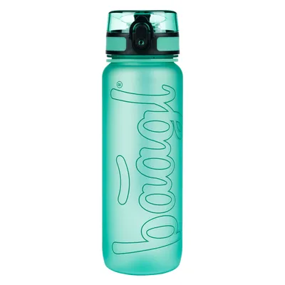 A green water bottle with a black and green lid, standing upright against a white background.