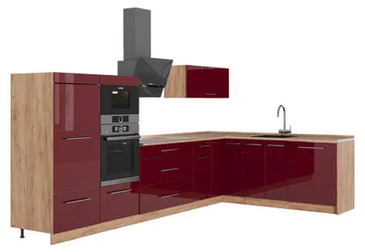 Produktbild von Eckküche Vicco Fame-Line Bordeaux Hochglanz/Goldkraft Eiche 347 x 60 cm, AP Eiche, Model 63610