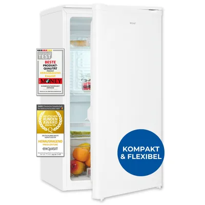 A white refrigerator with its door slightly ajar, displaying its interior and some fruit. It has several award badges on the left side and a circular marketing sticker on the door.