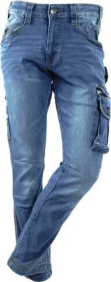 A pair of blue denim cargo pants.