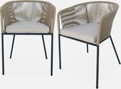 Two beige rope-wrapped chairs with black metal legs are shown against a white background.
