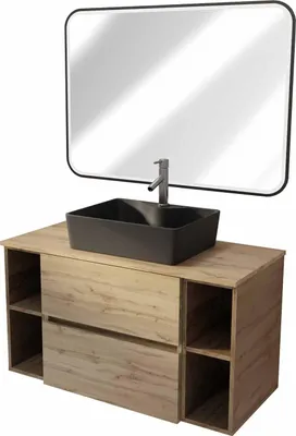 Image de Meuble salle de bains 100 TIMBERReproduction Chêne 2 Tiroirs Vasque Noire Rectangulaire Miroir LED noir