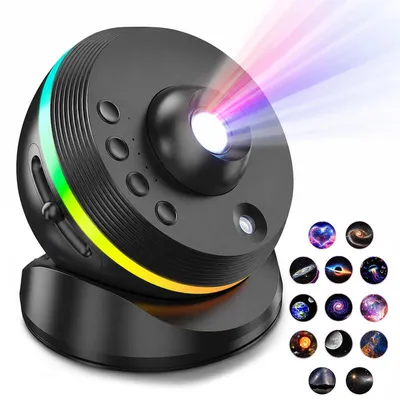Produktbild von Weltraum Projektor Nachtlicht Sternenhimmel Lampe mit 13 Projektionsscheiben Galaxie Mond und Planeten Motiven Schwarz