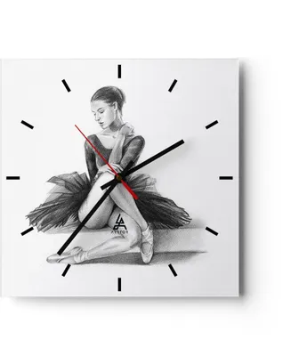 Produktbild von Wanduhr - Quadrat - Glasuhr - Ballerina Zeichnung Bleistift - 30x30cm - Schleichendes Uhrwerk - Lautlos - zum Aufhängen bereit - Dekoration Modern - Wanddekoration aus Glas - C3AC30x30-4496