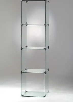 A tall, narrow glass display shelf with four compartments, shown against a plain background.