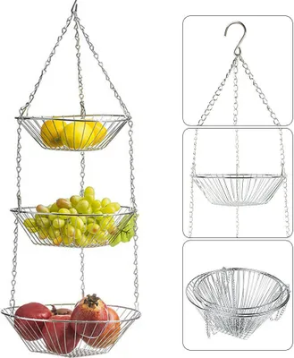 Zdjęcie produktu dla 3-poziomowy kosz na owoce 74 cm, składany, wiszący, metalowy kosz kuchenny na warzywa (srebrny)