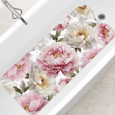 Productafbeelding van Antislip Badmat 100 x 40 cm, vintage pioen design, wasbaar, voor badkamer