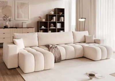 Produktbild von Idohome - Bubble Ecksofa OFI U Bouclé mit Schlaffunktion, Bettkasten modernes, Wohnzimmercouch - Farbe: Creme Centaur 01