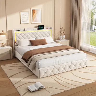 A bedroom scene featuring a bed with a tufted headboard and integrated LED lighting.