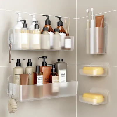 Image de Étagère de douche sans perçage, en ABS, lot de 5, transparente, sans perçage, résistante à la rouille