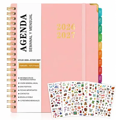Immagine prodotto di Agenda scolastica A5, spirale, per l'anno scolastico 2026-2027, con calendario settimanale e mensile, segnalibri colorati, colore rosa, ideale per la scuola