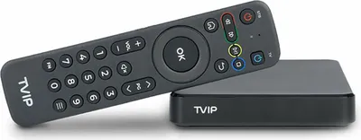 A TVIP set-top box and its remote control are shown on a white background.
