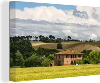 Produktbild von OneMillionCanvasses® - Leinwandbilder - 140x90 cm, Bauernhof - Berg - Baum, Wandbilder Kunstdruck Wanddekoration - Foto auf Leinwand - Gemälde auf Holzrahmen