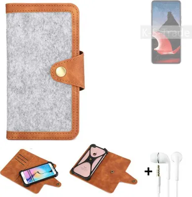 Produktbild von K-S-Trade Handyhülle + Kopfhörer kompatibel mit Motorola ThinkPhone Schutzhülle Filz Hülle Kunstleder hellgrau braun (1x)