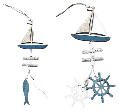 2er-Set maritime Holz-Deko: Segelboot, Steuerrad & Anker