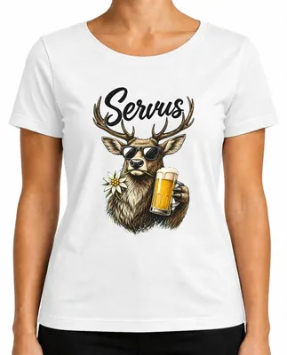 Immagine prodotto di Servus, birra Hirsch, occhiali da sole, camicia tradizionale Edelweiss, pantaloni in pelle, maglietta da donna, bianca, taglia L