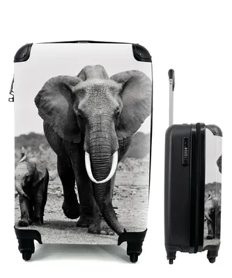 Produktbild von MuchoWow® Koffer Handgepäck Trolley Rollkoffer Kleine Reisekoffer mit 4 Rollen - Elefant - Kind - Schwarz - Weiß - Cabin Size < 55x40x23 cm & 55x40x20 cm - Kinderkoffer - Kabinenkoffer - Boardgepäck - Reise-Box - Reisekoffer - Reisegepäck - Koffer mit Bild - Trolley für Kinder