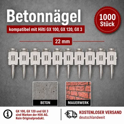 Obrázek produktu pro Betonové hřebíky 22 mm, 1000 kusů, vhodné pro plynné hřebíkovače Hilti GX 100, GX 120, GX 3