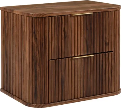 A dark brown wooden cabinet with two drawers and gold handles, presented against a white background.