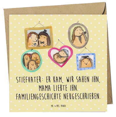 Produktbild von Mr. & Mrs. Panda Klappkarte Stiefvater Liebe - Gelb Pastell - Geschenk, Glückwunschkarte, Zusammenwachsen, Grußkarte, doppelkarte, Stiefkinder, anlasskarte, Familie