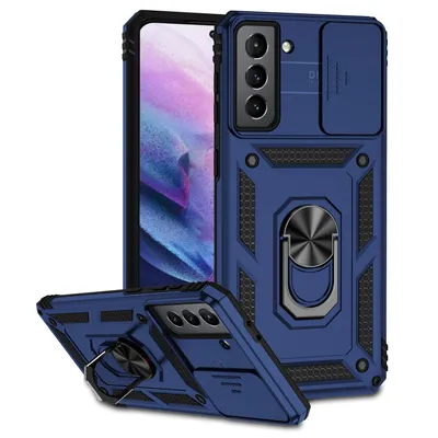 Immagine prodotto di Custodia per Samsung Galaxy S21 FE 5G a doppio strato con copertura scorrevole per la fotocamera e supporto ad anello blu