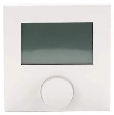 A white thermostat with a dark LCD screen and a circular dial.